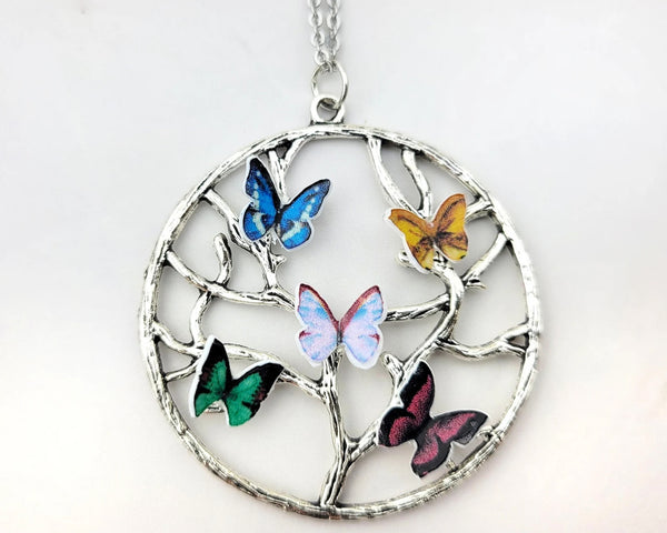 Butterfly Birthstone Family Tree Necklace: Silver Mom Jewelry