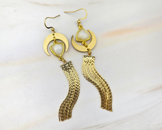 Asymmetrical Moon Tassel Earrings - Moonstone / Femininity