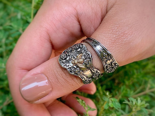 Flower Bee Spoon Ring: Bronze Bug, Floral Copper Band