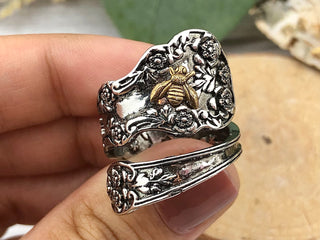 Flower Bee Spoon Ring: Bronze Bug, Floral Copper Band