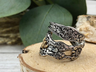 Flower Bee Spoon Ring: Bronze Bug, Floral Copper Band