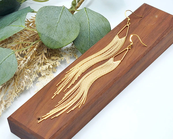 Gold Tassel Earrings: Stainless Steel Herringbone Fringe, 5in Drop