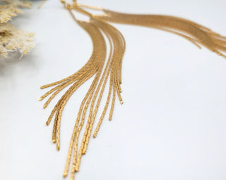 Gold Tassel Earrings: Stainless Steel Herringbone Fringe, 5in Drop