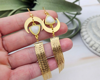 Asymmetrical Moon Tassel Earrings - Moonstone / Femininity