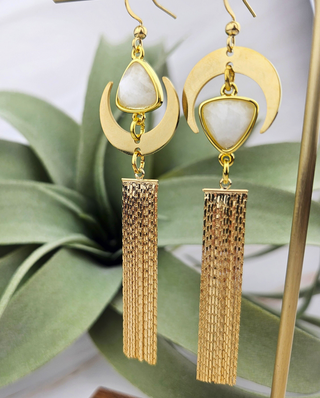 Asymmetrical Moon Tassel Earrings - Moonstone / Femininity