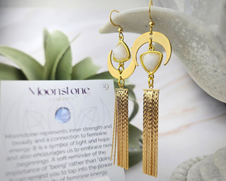 Asymmetrical Moon Tassel Earrings - Moonstone / Femininity