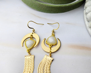 Asymmetrical Moon Tassel Earrings - Moonstone / Femininity