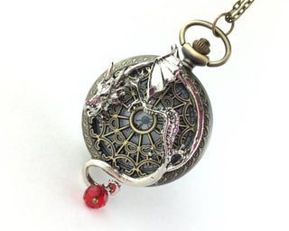 Steampunk Dragon Pocket Watch Necklace: Quartz Clock Pendant