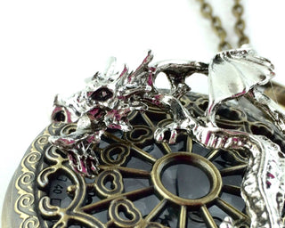 Steampunk Dragon Pocket Watch Necklace: Quartz Clock Pendant
