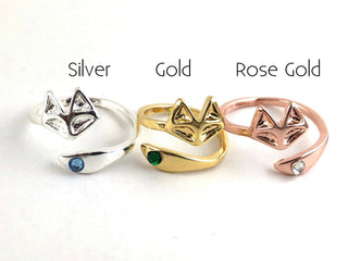 Fox Ring: Adjustable Plated Wrap Ring with Crystal Birthstone
