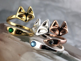 Fox Ring: Adjustable Plated Wrap Ring with Crystal Birthstone