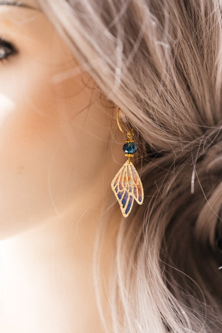 Butterfly Wing Earrings: Watercolor Fabric, Birthstone Beads