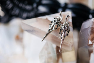 Raven Skull Witch Earrings: Silver Goth Halloween Jewelry