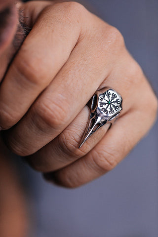 Bird Skull Viking Ring: Runes, Gothic Norse Jewelry