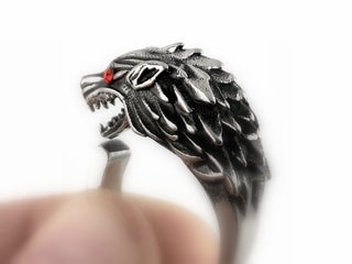 Wolf Ring: Oxidized Viking Ring with Rhinestone Eyes