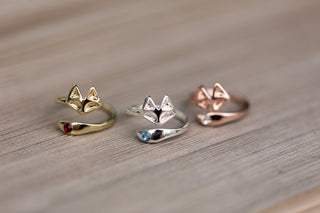 Fox Ring: Adjustable Plated Wrap Ring with Crystal Birthstone