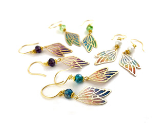 Butterfly Wing Earrings: Watercolor Fabric, Birthstone Beads