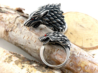 Wolf Ring: Oxidized Viking Ring with Rhinestone Eyes