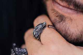 Wolf Ring: Oxidized Viking Ring with Rhinestone Eyes