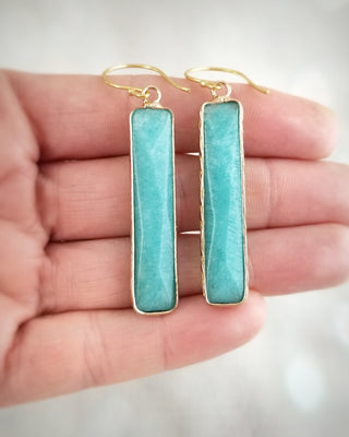 18K Gold Crystal Earrings - Gift For Her - Rectangle Bar Amazonite Rose Quartz