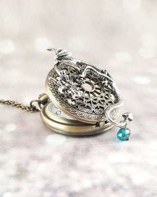 Dragon Pocket Watch Necklace: Steampunk Quartz Pendant