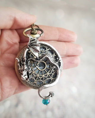 Dragon Pocket Watch Necklace: Steampunk Quartz Pendant