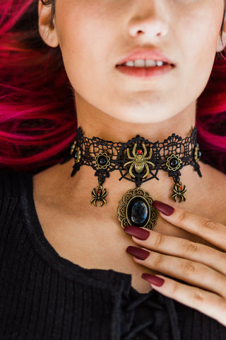 Black Spider Choker - Lace Choker - Gothic Choker - Gothic Collar - Witchy Necklace