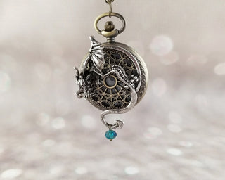 Dragon Pocket Watch Necklace: Steampunk Quartz Pendant