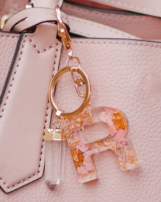 Dried Flower Initial Keychain: Crystal Quartz Resin Keyring