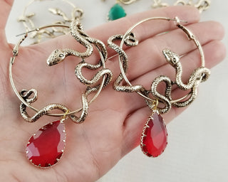Gold Snake Hoop Earrings with Teardrop Gemstone: Witchy Goth Jewelry