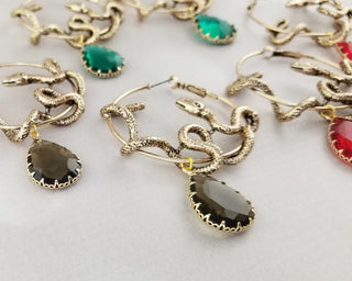 Gold Snake Hoop Earrings with Teardrop Gemstone: Witchy Goth Jewelry