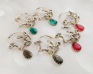 Gold Snake Hoop Earrings with Teardrop Gemstone: Witchy Goth Jewelry