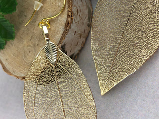 24K Gold Leaf Earrings: Autumn Host Gift Natural Magnolia Bridal Jewelry