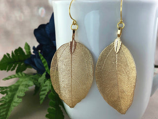 24K Gold Leaf Earrings: Autumn Host Gift Natural Magnolia Bridal Jewelry