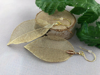 24K Gold Leaf Earrings: Autumn Host Gift Natural Magnolia Bridal Jewelry