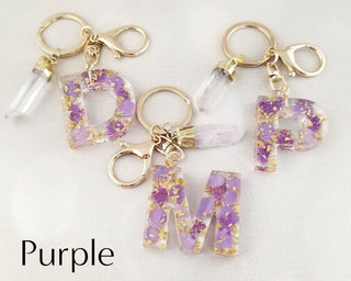 Dried Flower Initial Keychain: Crystal Quartz Resin Keyring