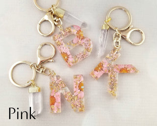 Dried Flower Initial Keychain: Crystal Quartz Resin Keyring