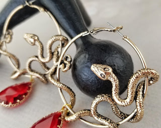 Gold Snake Hoop Earrings with Teardrop Gemstone: Witchy Goth Jewelry