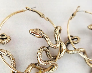 Gold Snake Hoop Earrings with Teardrop Gemstone: Witchy Goth Jewelry