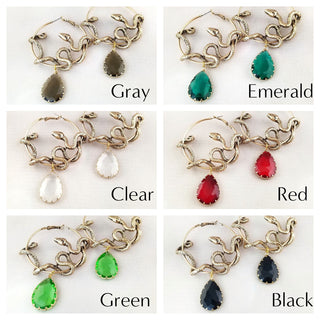 Gold Snake Hoop Earrings with Teardrop Gemstone: Witchy Goth Jewelry