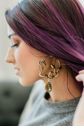 Gold Snake Hoop Earrings with Teardrop Gemstone: Witchy Goth Jewelry