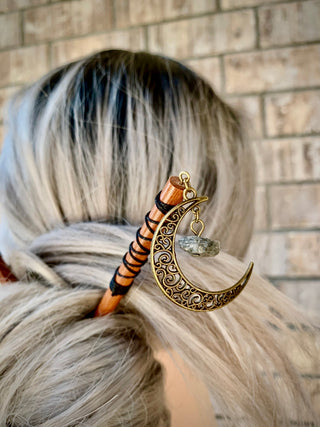 Gemstone Moon Hair Stick: Wood Hair Fork with Crystal Dangle