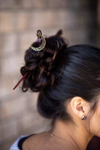 Gemstone Moon Hair Stick: Wood Hair Fork with Crystal Dangle