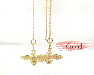 Gold Bee Threader Earrings: Long Dangle Earrings