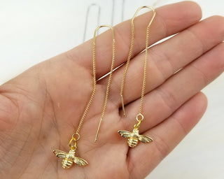 Gold Bee Threader Earrings: Long Dangle Earrings