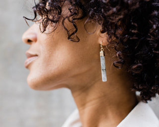 Labradorite Bar Earrings: Gold Stainless Steel, Transformation Crystal
