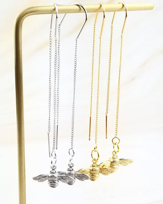 Gold Bee Threader Earrings: Long Dangle Earrings