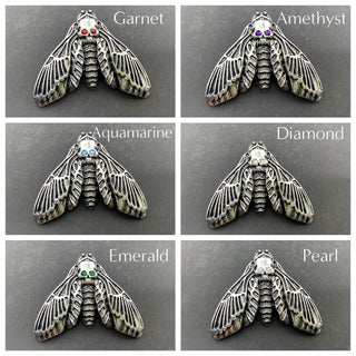 Death Head Moth Ring – Silver, Birthstone Eyes, Goth Jewelry