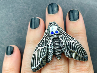 Death Head Moth Ring – Silver, Birthstone Eyes, Goth Jewelry