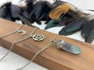 Layered Pentagram Necklace: Crescent Moon, Gemstone Bullet, Silver Plated